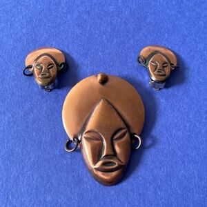 Tribal Mask Copper Brooch and Matching Clip On Earrings